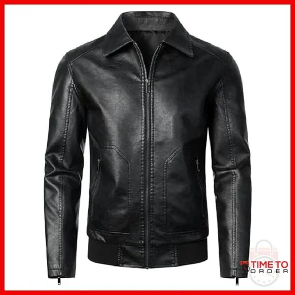 Men's Faux Leather Bomber Jacket Motorcycle Style Ribbed Hem - Picture 2 of 8